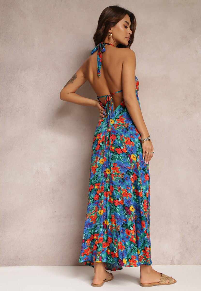 Niebieska Kwiecista Sukienka Maxi z Wiskozy z Wiązaniem na Szyi i Plecach Lunka