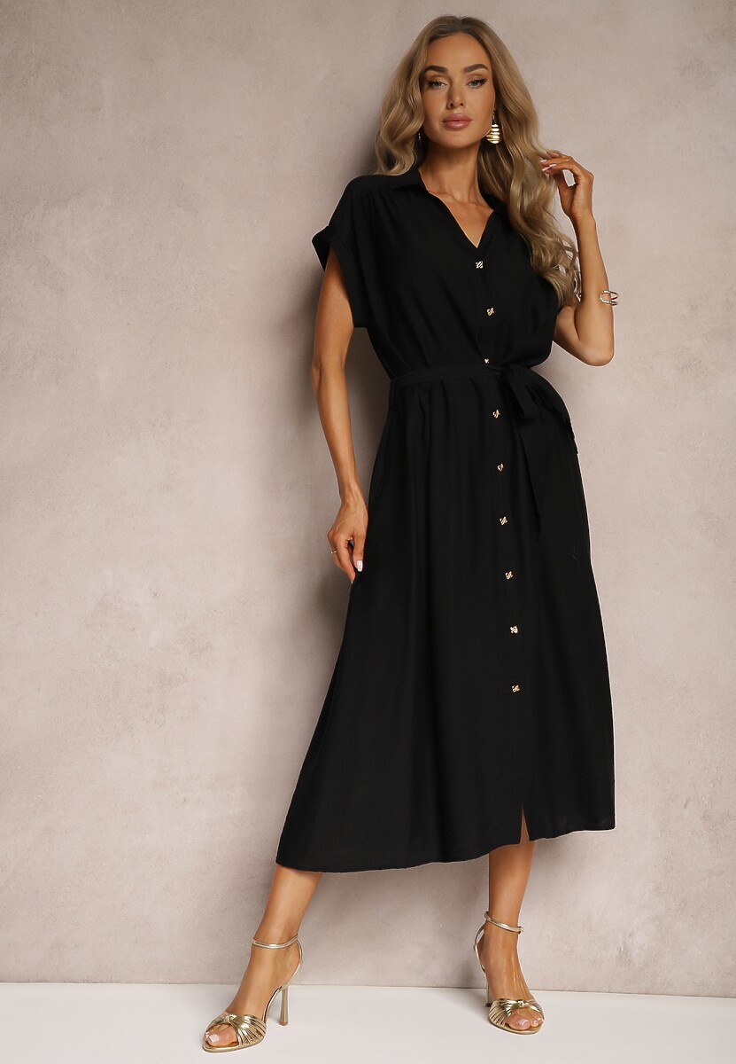 Różowa Rozkloszowana Sukienka o Koszulowym Kroju Ozdobiona Paskiem w Talii i Guzikami Rosofia