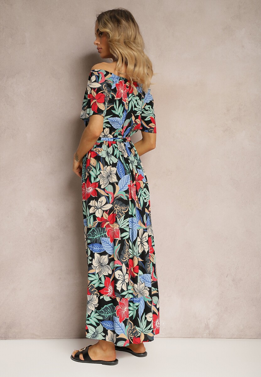 Czarno-Czerwona Wiskozowa Sukienka o Rozkloszowanym Kroju z Paskiem w Talii w Kwiatowy Print Rosubia