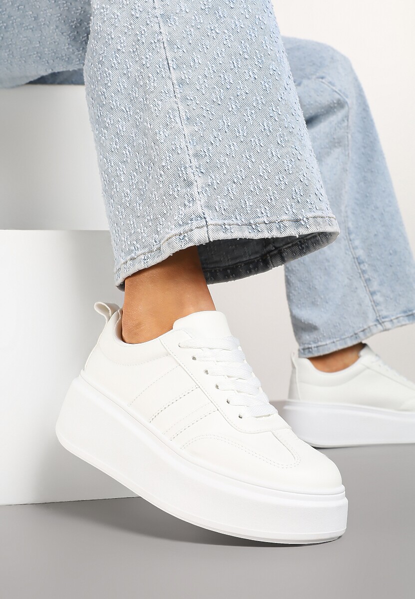 Białe Sneakersy Klasyczne Tenisówki na Grubej Podeszwie z Koturnem Adessia