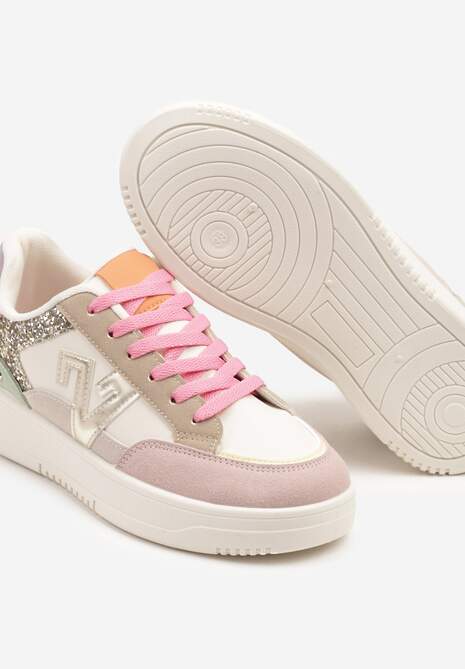 Różowo-Beżowe Sneakersy Ozdobione Metalicznymi Aplikacjami i Brokatem Pilliossa