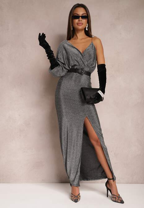 Srebrna Połyskująca Sukienka Maxi o Asymetrycznym Fasonie z Trójkątnym Dekoltem i Rozcięciem Imisnna