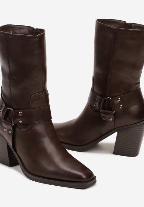 Brązowe Ocieplane Botki na Stożkowym Obcasie z Ozdobną Klamrą Verinique