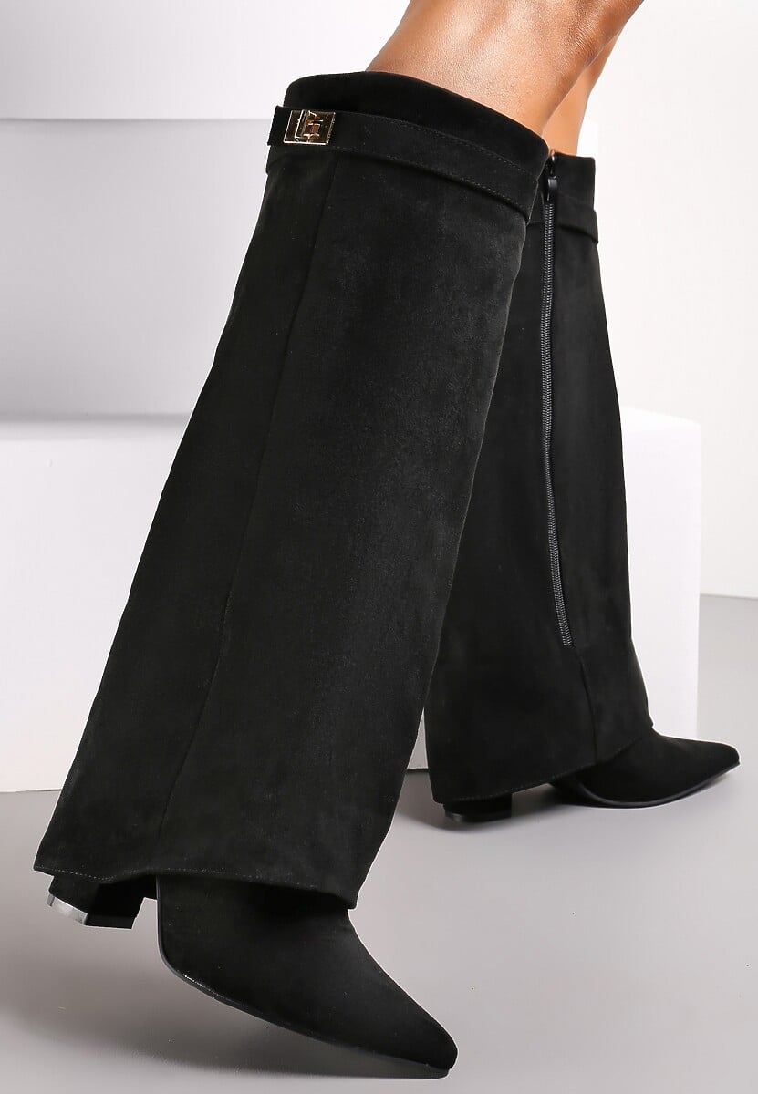 Ciemnobeżowe Kozaki na Słupku z Wywiniętą Cholewką i Klamerką Upaxa