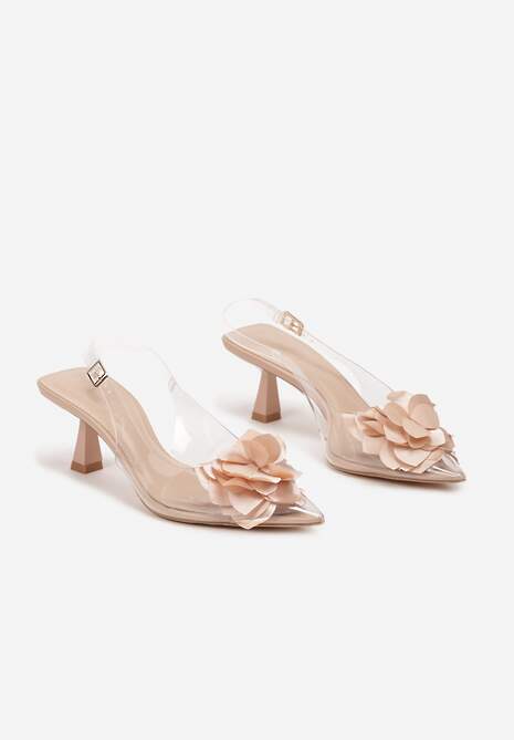 Beżowe Przezroczyste Sandały na Obcasie Typu Kaczuszka z Kwiatem Nalaniela
