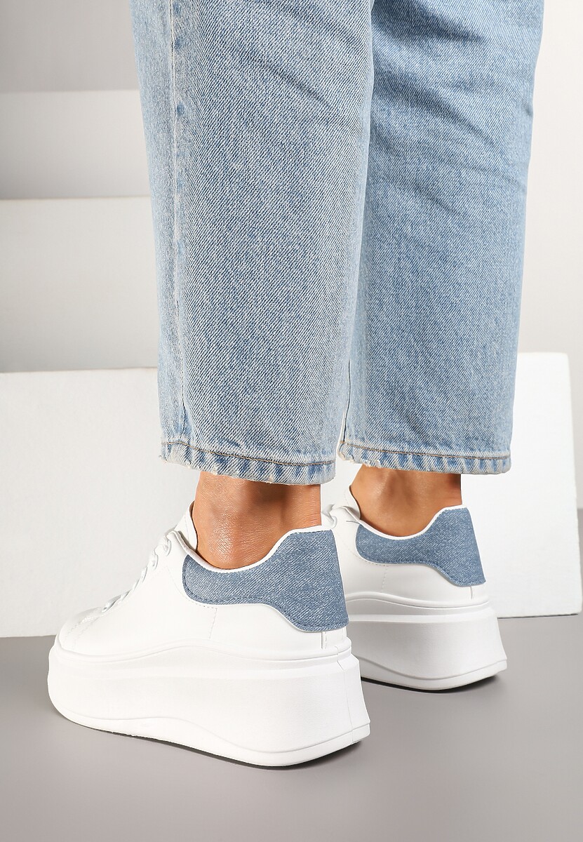 Biało-Niebieskie Sznurowane Sneakersy na Niskiej Platformie z Imitacji Skóry Ajanfa