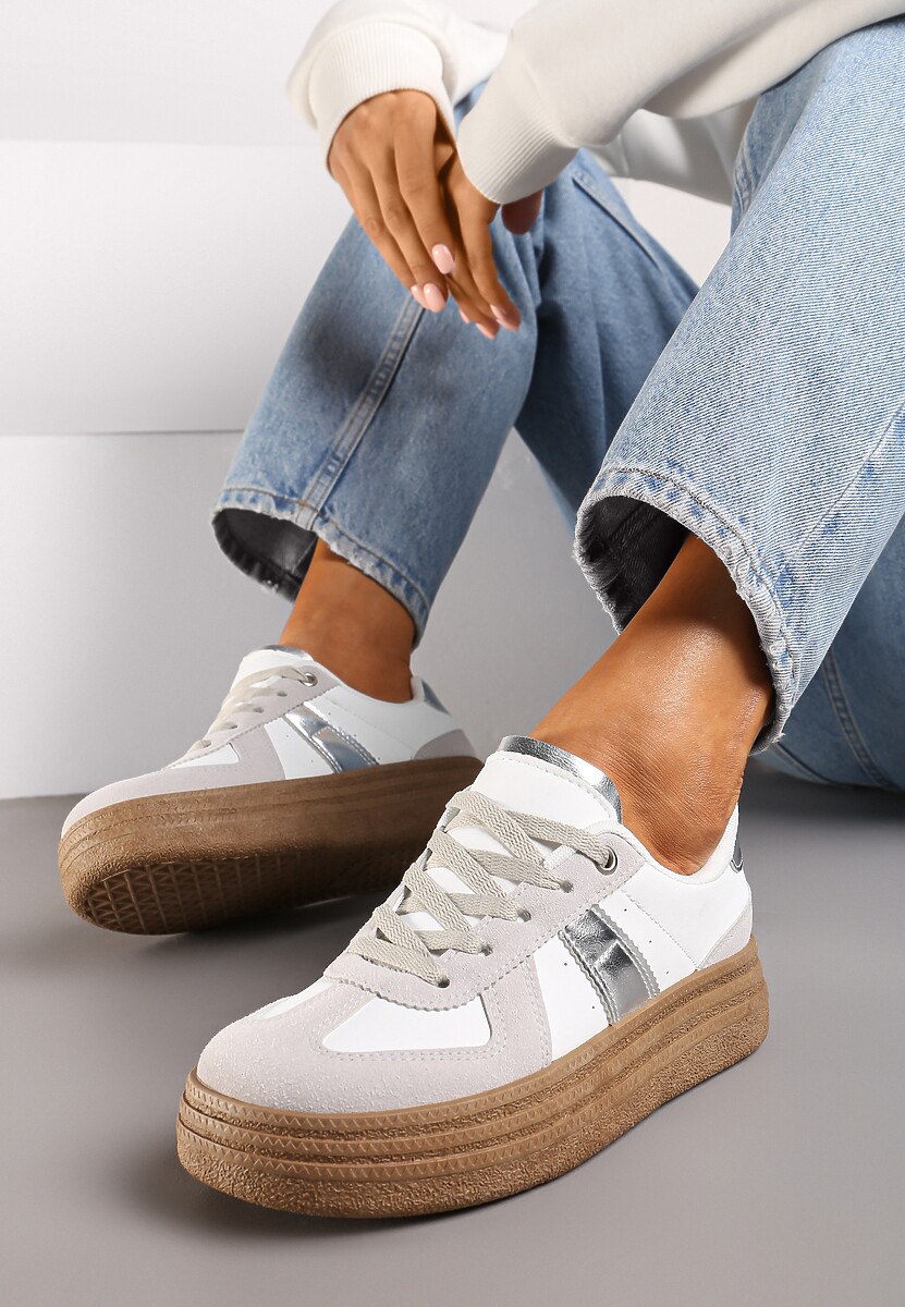 Szaro-Białe Sneakersy na Grubej Podeszwie z Ozdobnymi Przeszyciami Ysdole