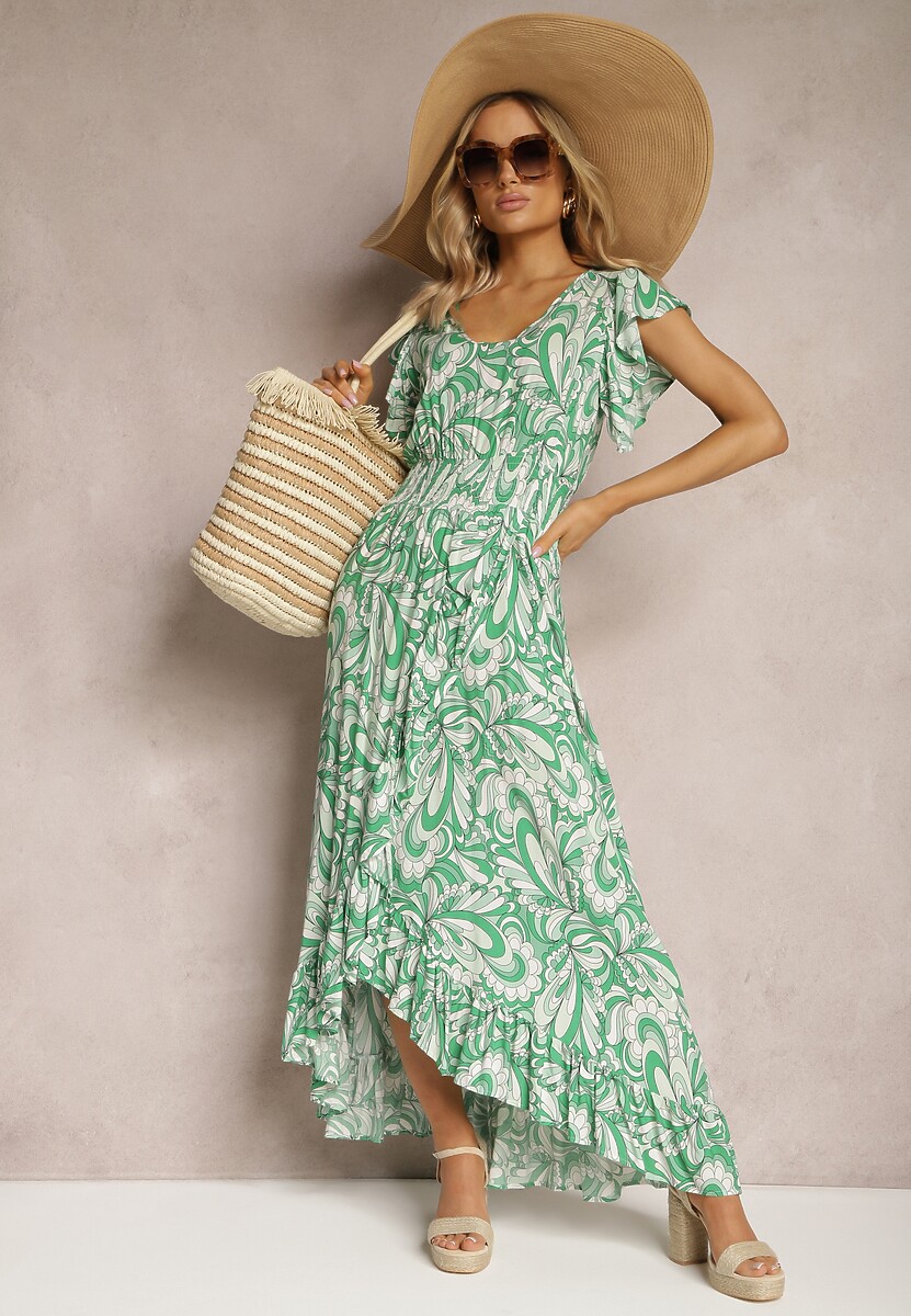 Zielona Sukienka Boho z Gumką w Pasie i Asymetrycznym Dołem z Wiskozy Anorissa