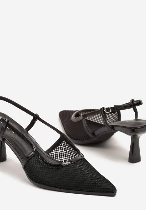 Czarne Sandały na Obcasie Kaczuszka ze Sprzączką i Siateczką Falelitia