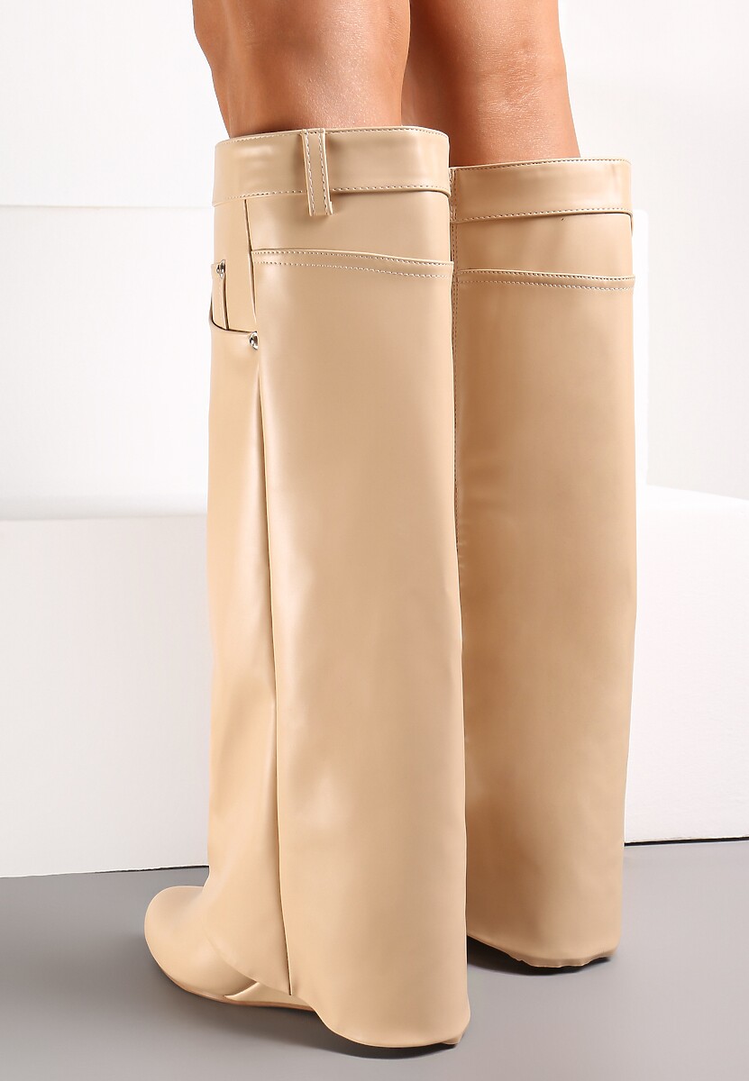 Beżowe Kozaki z Wywiniętą Cholewką na Koturnie Maranele