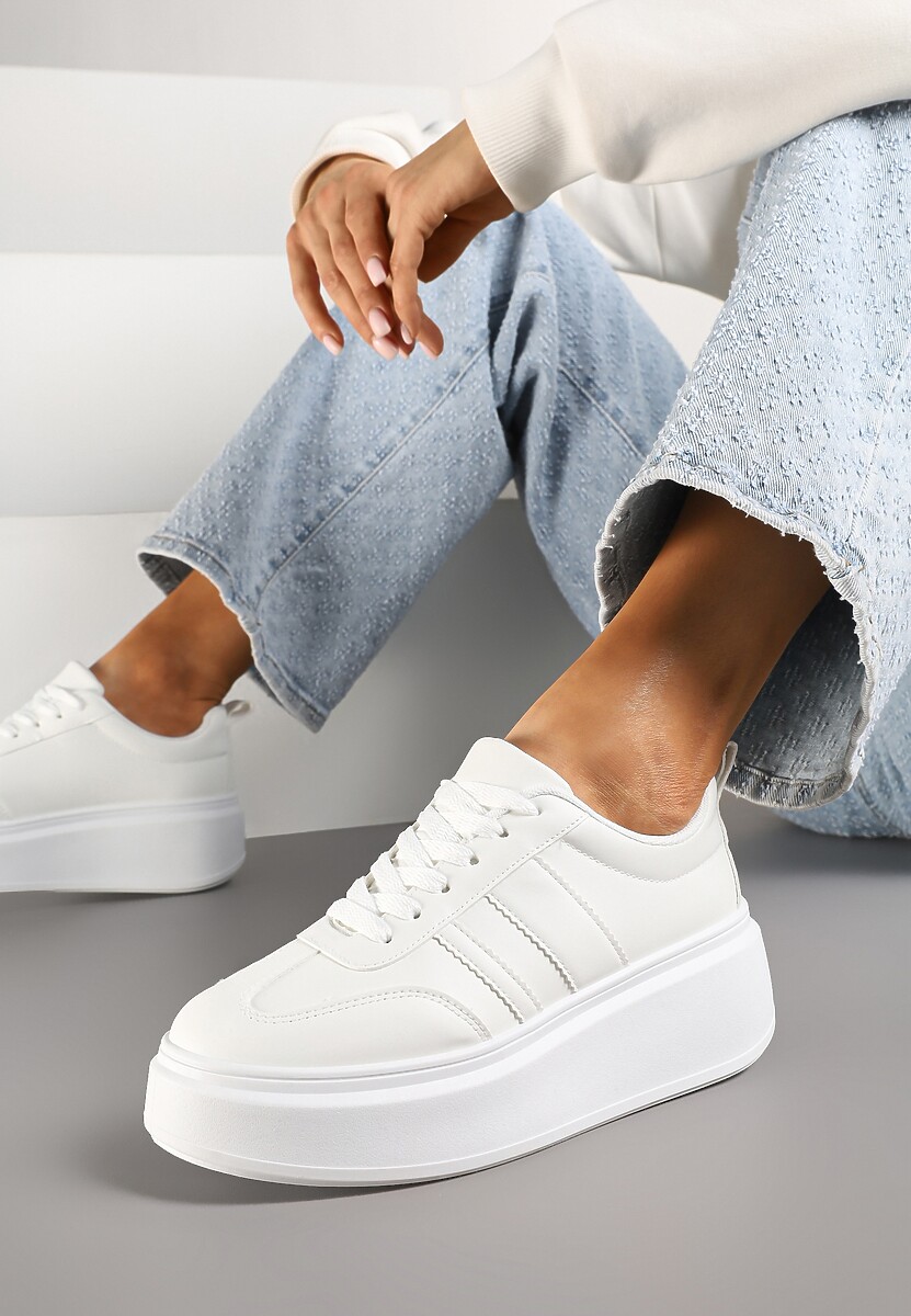 Białe Sneakersy Klasyczne Tenisówki na Grubej Podeszwie z Koturnem Adessia