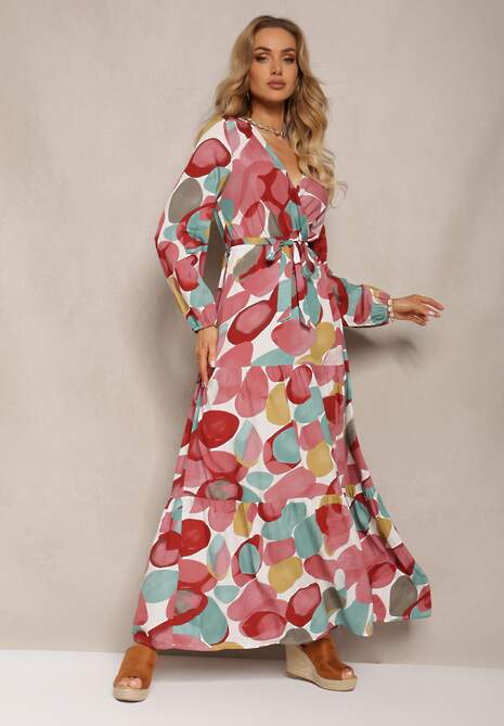 Czerwono-Zielona Sukienka z Wiskozy o Trójkątnym Dekolcie z Gumką w Talii i Materiałowym Paskiem Fiavena