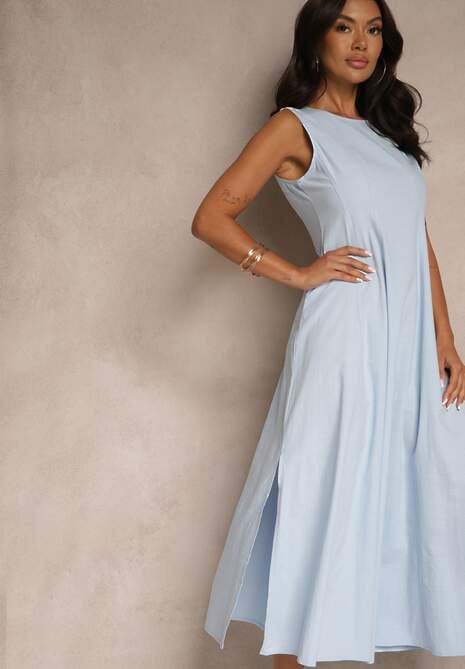 Niebieska Sukienka Rozkloszowana z Wiskozą Bawełną i Rozcięciem na Nogę Saravisse