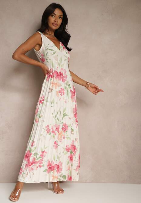 Beżowa Plisowana Sukienka o Rozkloszowanym Fasonie na Szerokich Ramiączkach Nitanela