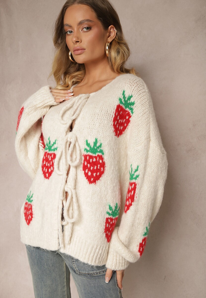 Czarny Wiązany Kardigan z Wełną i Wiskozą z Ozdobnym Wzorem z Truskawkami Cesirae