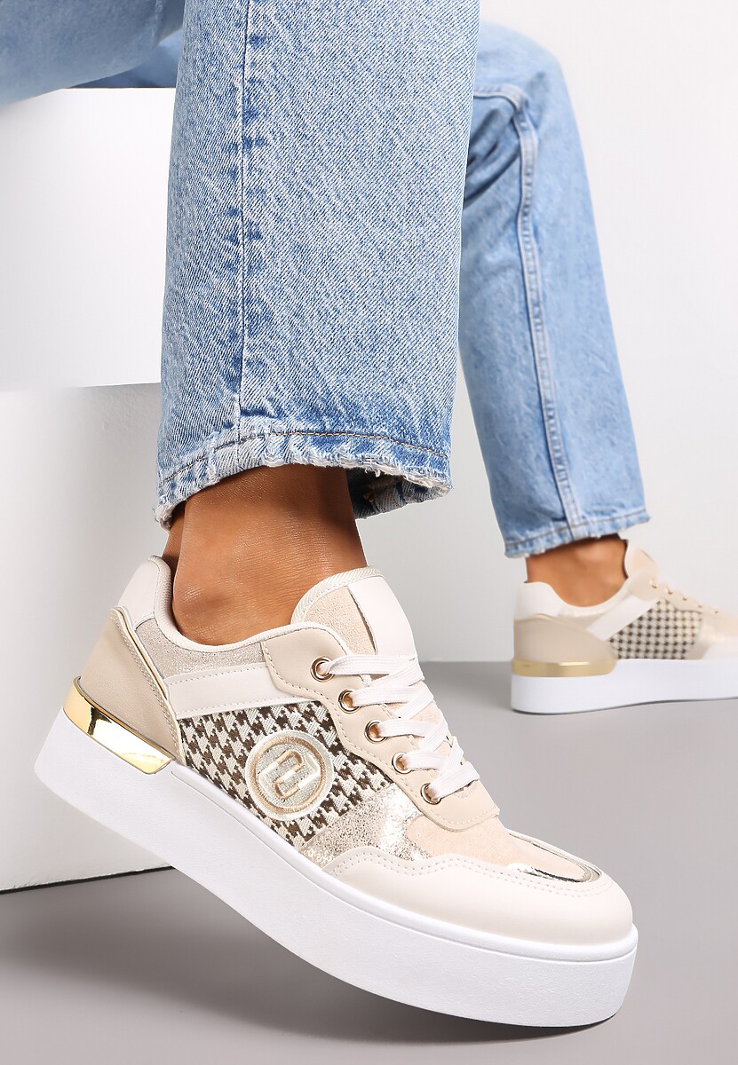 Beżowe Sznurowane Sneakersy na Grubej Podeszwie z Ozdobną Wstawką Minsa