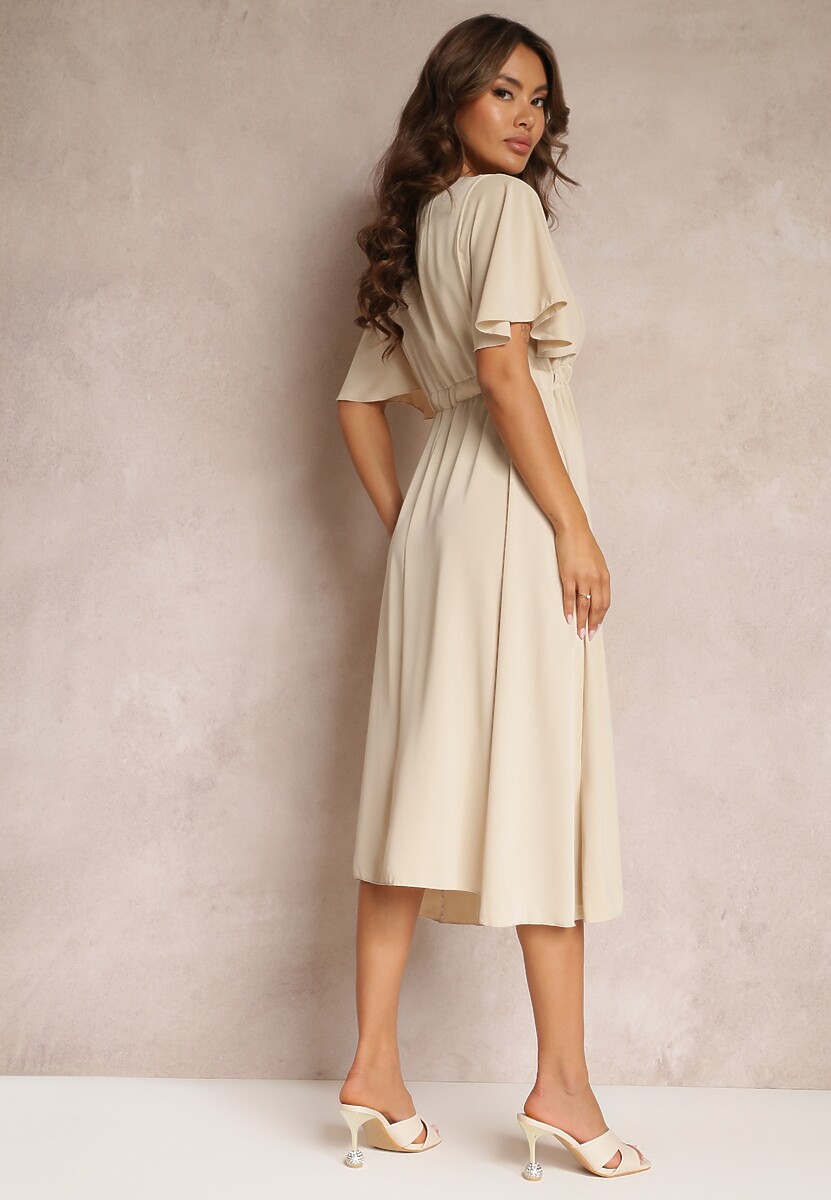 Beżowa Sukienka z Gumką w Talii Krótkim Rękawem i Kopertowym Dekoltem Kelila