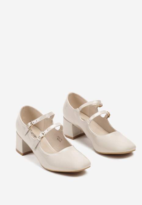 Beżowe Czółenka Lakierowane Wykończone Paskami z Regulacją Walivia