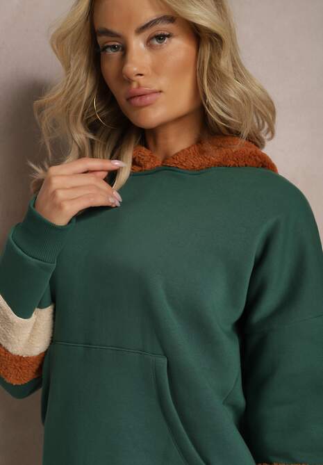 Zielona Bawełniana Bluza z Kapturem i Wstawkami z Polaru Qilin