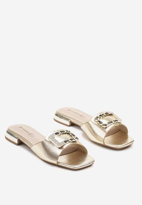 Złote Klapki z Wkładką ze Skóry Naturalnej z Cyrkoniową Aplikacją Efaliora