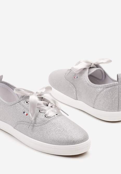 Srebrne Tenisówki Brokatowe z Ozdobnymi Sznurowadłami Palmena