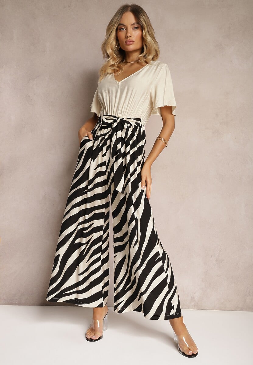 Czarno-Biały Kombinezon z Materiałowym Paskiem i Szerokimi Rękawami Nellda