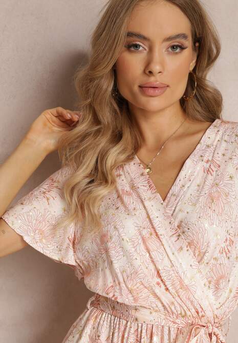 Jasnobeżowa Wiskozowa Sukienka z Metalicznym Wzorem i Gumką w Pasie Carinalia