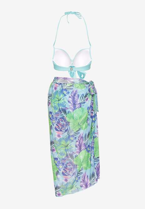 Jasnoniebieskie Bikini  Majtki Figi Biustonosz z Wiązaniem i Kwiatowe Pareo Folanira