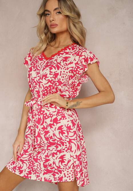 Czerwono-Beżowa Sukienka z Dekoltem z Siateczką z Krótkim Rękawem i Materiałowym Paskiem Mleasa