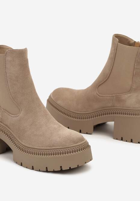 Ciemnobeżowe Botki na Słupku i Platformie Sztyblety Grunge z Elastyczną Cholewką Lericea