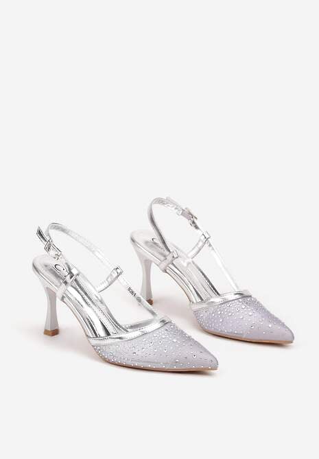 Srebrne Czółenka na Obcasie z Odkrytą Piętą Zdobione Cyrkoniami Jenamia