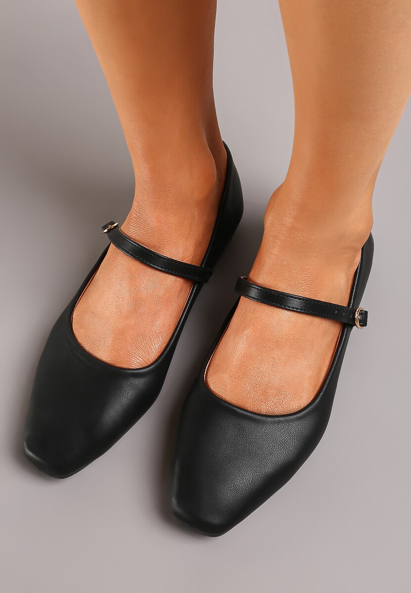 Czarne Balerinki z Paskiem i Smukłym Kwadratowym Noskiem Rosafay