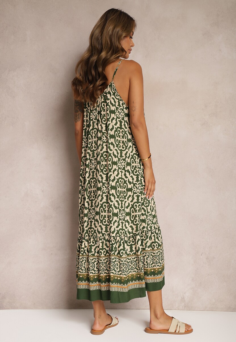 Ciemnozielona Rozkloszowana Sukienka z Bawełny na Cienkich Ramiączkach Nellmaira