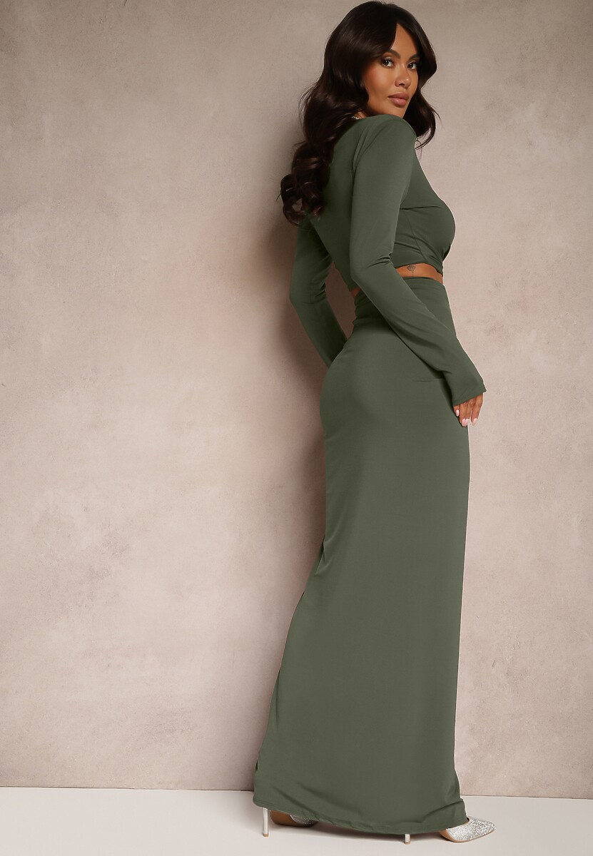 Zielona Dopasowana Sukienka z Rozcięciem z Tyłu Marszczeniem i Wycięciem w Talii Ililia