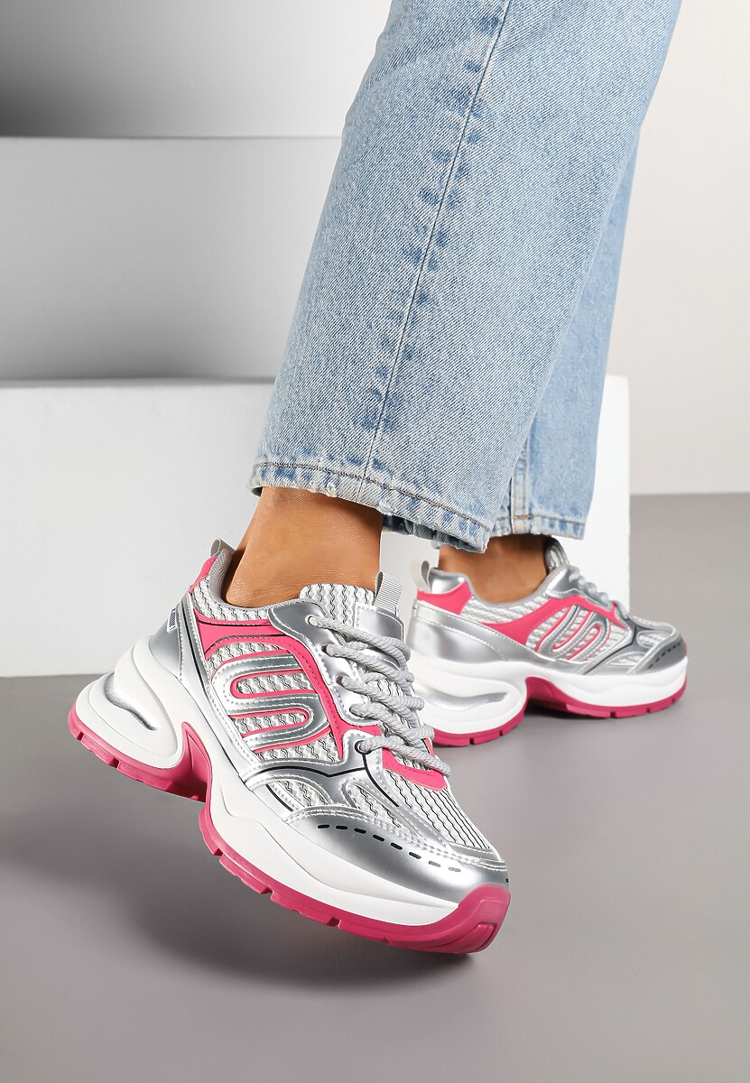 Srebrno-Różowe Sneakersy na Platformie Ozdobionej Tłoczeniem z Geometrycznym Motywem Arivira