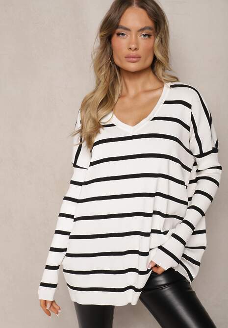 Biały Długi Sweter Nietoperz w Paski Gelavana