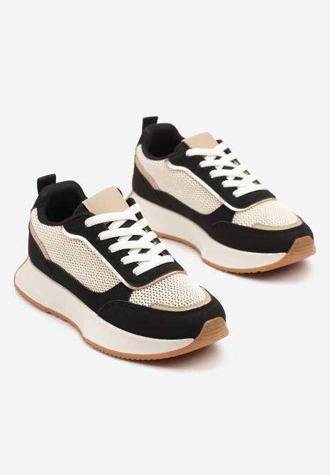 Czarno-Beżowe Sneakersy Ozdobione Geometrycznym Motywem Calgis