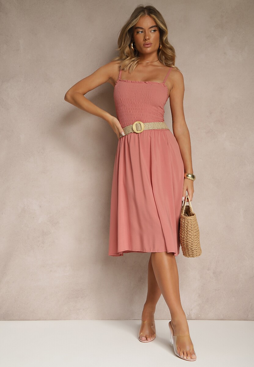 Różowa Rozkloszowana Sukienka z Wiskozy na Ramiączkach Filorissa