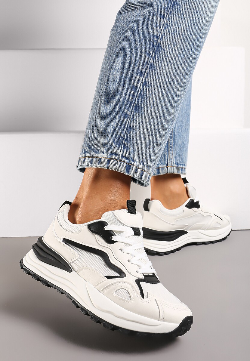 Beżowo-Czarne Sneakersy na Niskiej Platformie z Siateczką z Ozdobnymi Wstawkami Lelphine