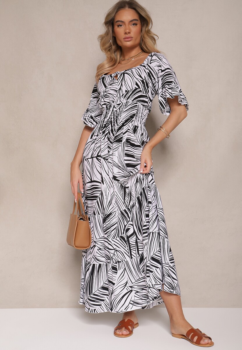 Niebieska Sukienka z Bawełny o Rozkloszowanym Kroju z Motywem Liści Aluielle