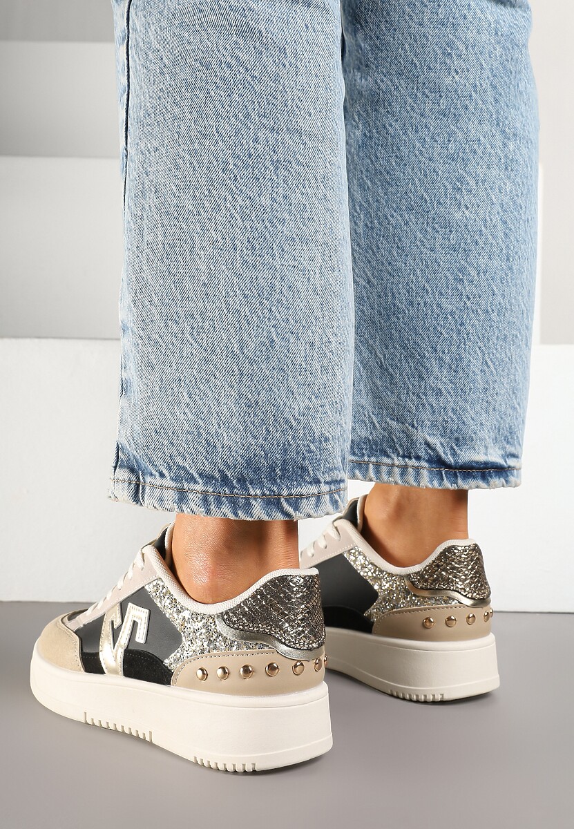 Czarno-Beżowe Sneakersy Ozdobione Metalicznymi Aplikacjami i Brokatem Pilliossa