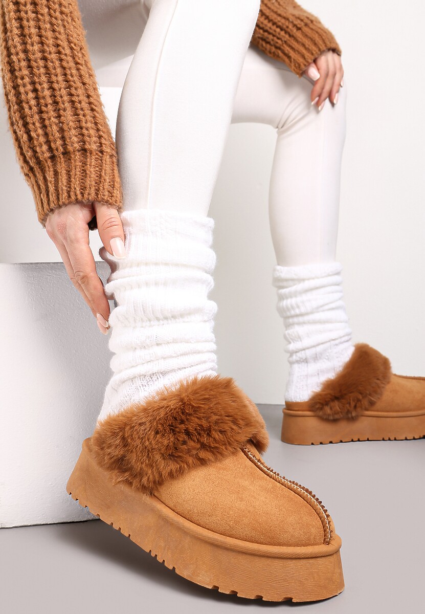 Brązowe Kapcie na Platformie z Ekozamszu z Futerkiem Livorn