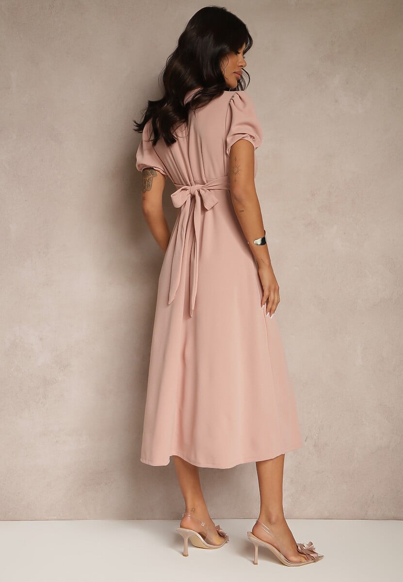 Różowa Rozkloszowana Sukienka Koktajlowa Ozdobiona Wiązaniem Ziverine