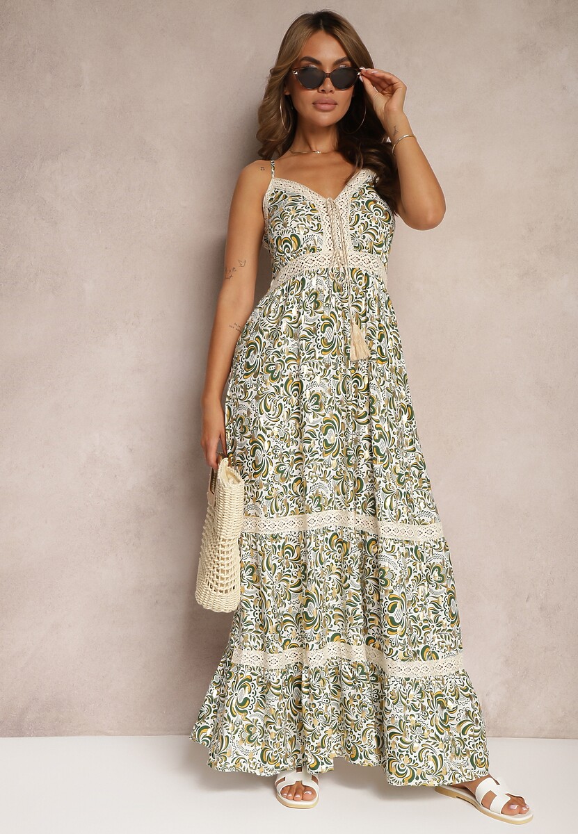 Zielono-Beżowa Bawełniana Sukienka na Ramiączkach Ozdobiona Haftem z Gumką w Talii Nretta