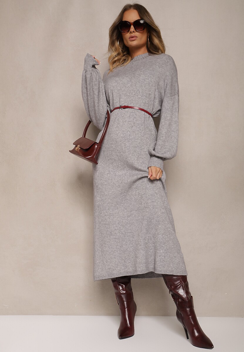 Szara Pudełkowa Sukienka z Wiskozą i Półgolfem Salindra