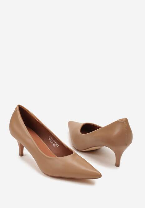 Ciemnobeżowe Czółenka Vices na Obcasie Typu Kaczuszka ze Skórzaną Wkładką Amerisse