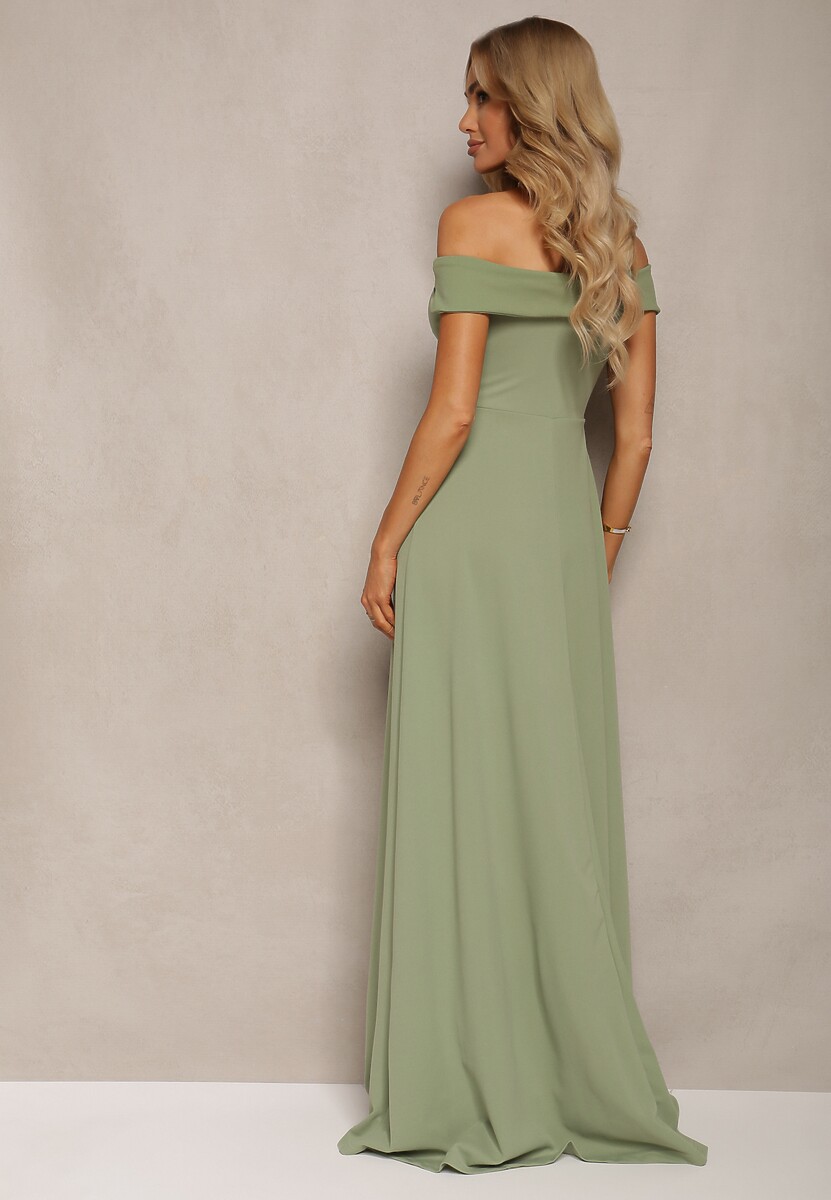 Jasnozielona Elegancka Długa Sukienka Hiszpanka Wykończona Rozcięciem na Dole Idelia