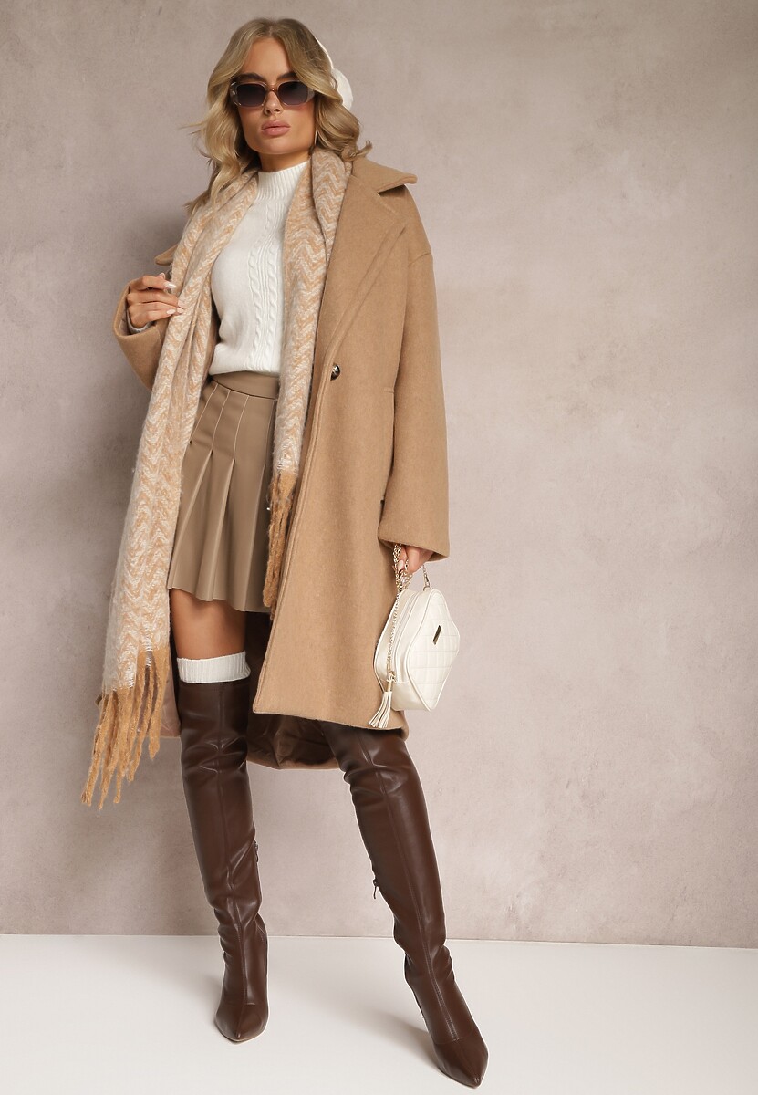 Brązowy  Dwurzędowy Płaszcz Oversize z Wełną Spolete