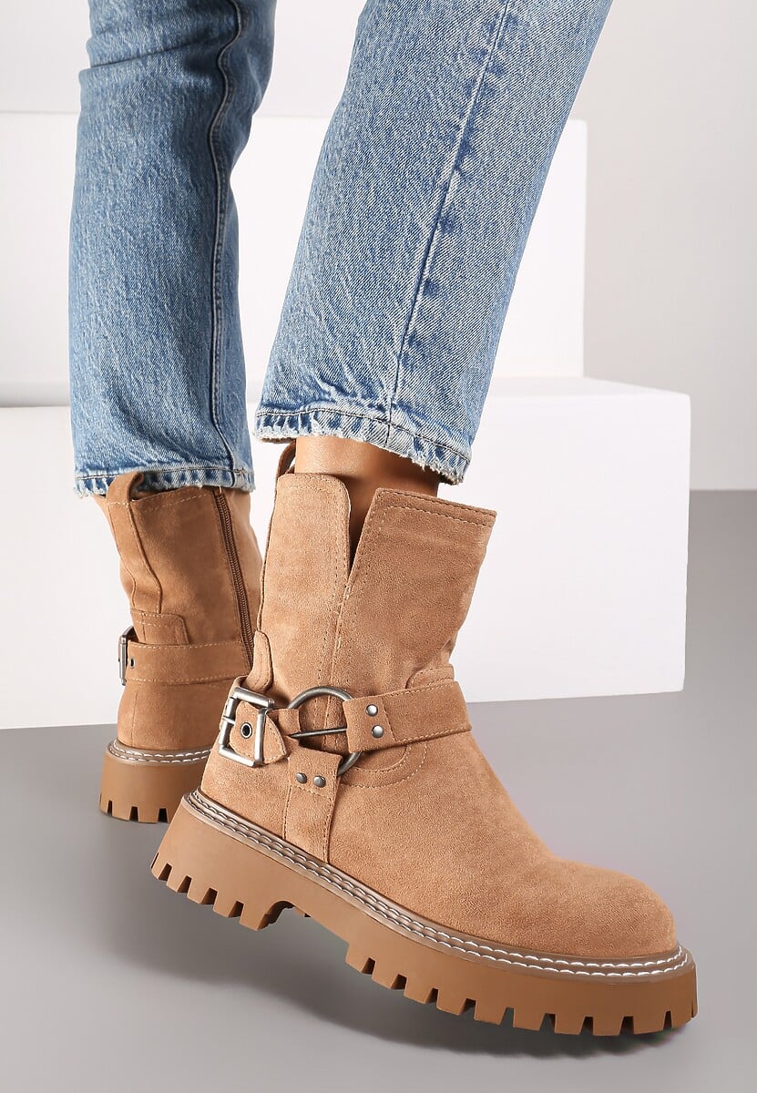 Brązowe Płaskie Botki w Stylu Biker Ozdobione Klamrami i Paskami Terinene