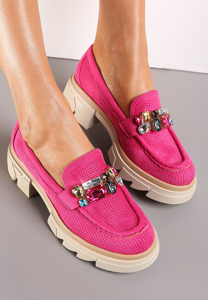 Fuksjowe Mokasyny z Kryształami i Wkładką ze Skóry Naturalnej Zaidy
